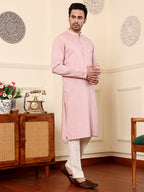 MULTI SHADES Men's Pink Straight Viscose Silk Kurta With Embroidered Neckline And Motifs,Off White Solid Trouser Style Churidar | Grocsy