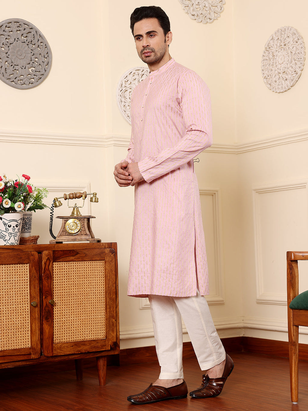 MULTI SHADES Men's Long Sleeve Mandarin Collar Pink Straight Viscose Silk Kurta With Embroidered Neckline And Motifs | Grocsy