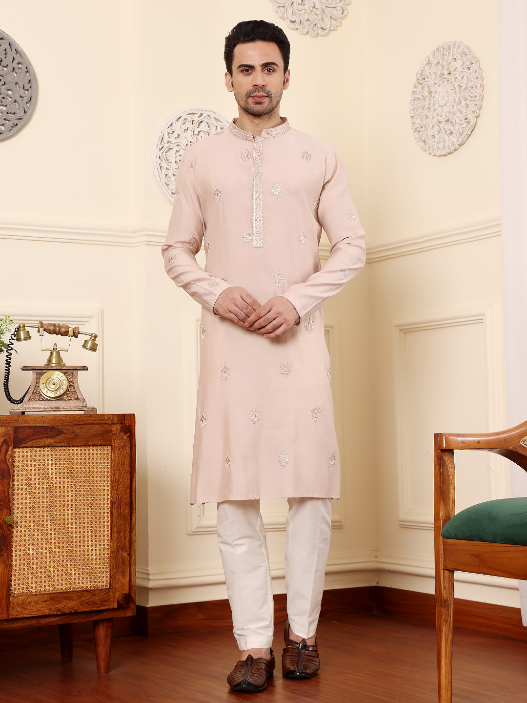 MULTI SHADES Men's Peach Straight Viscose Silk Kurta With Embroidered Neckline And Motifs,Off White Solid Trouser Style Churidar | Grocsy