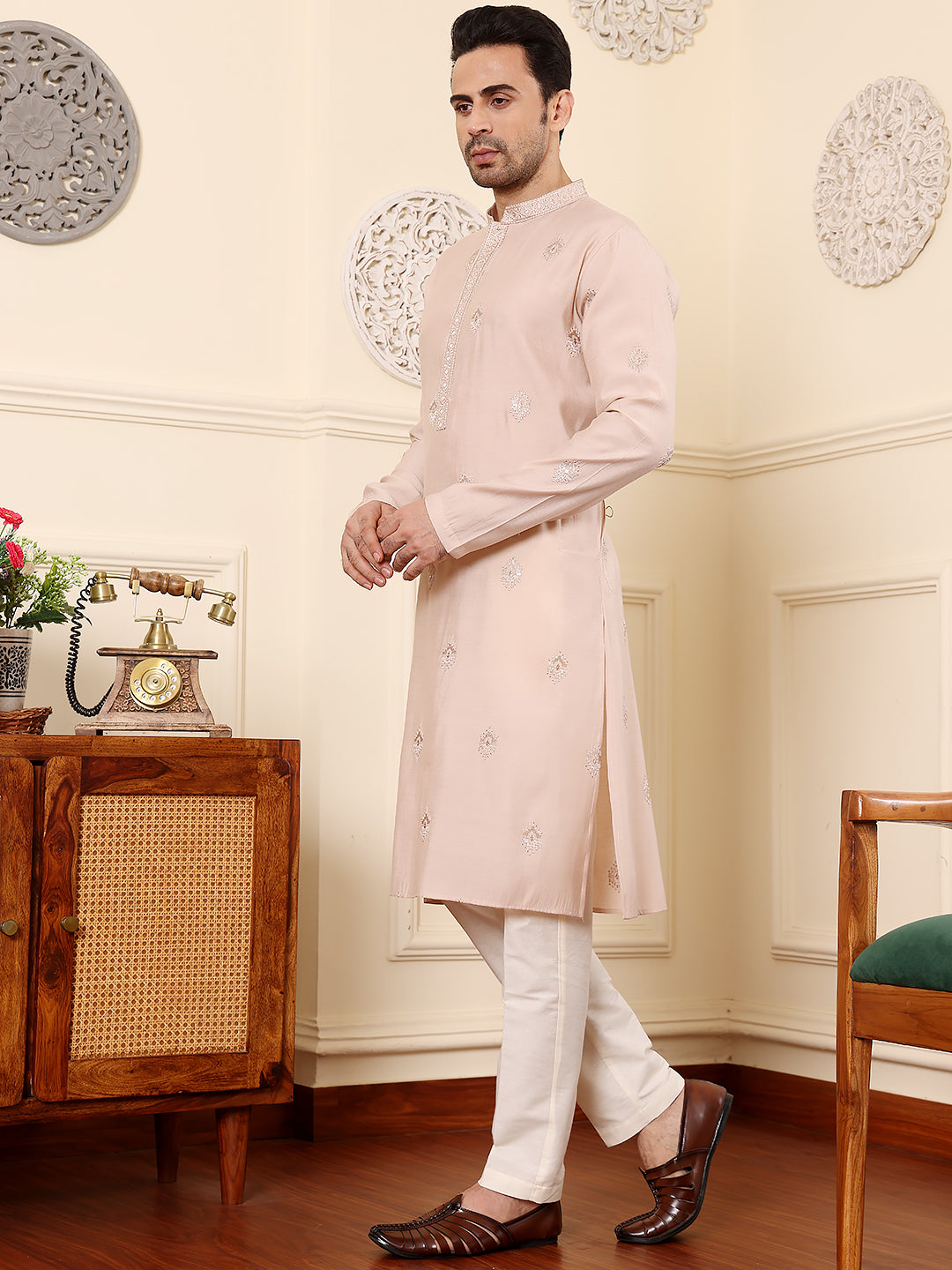 MULTI SHADES Men's Peach Straight Viscose Silk Kurta With Embroidered Neckline And Motifs,Off White Solid Trouser Style Churidar | Grocsy