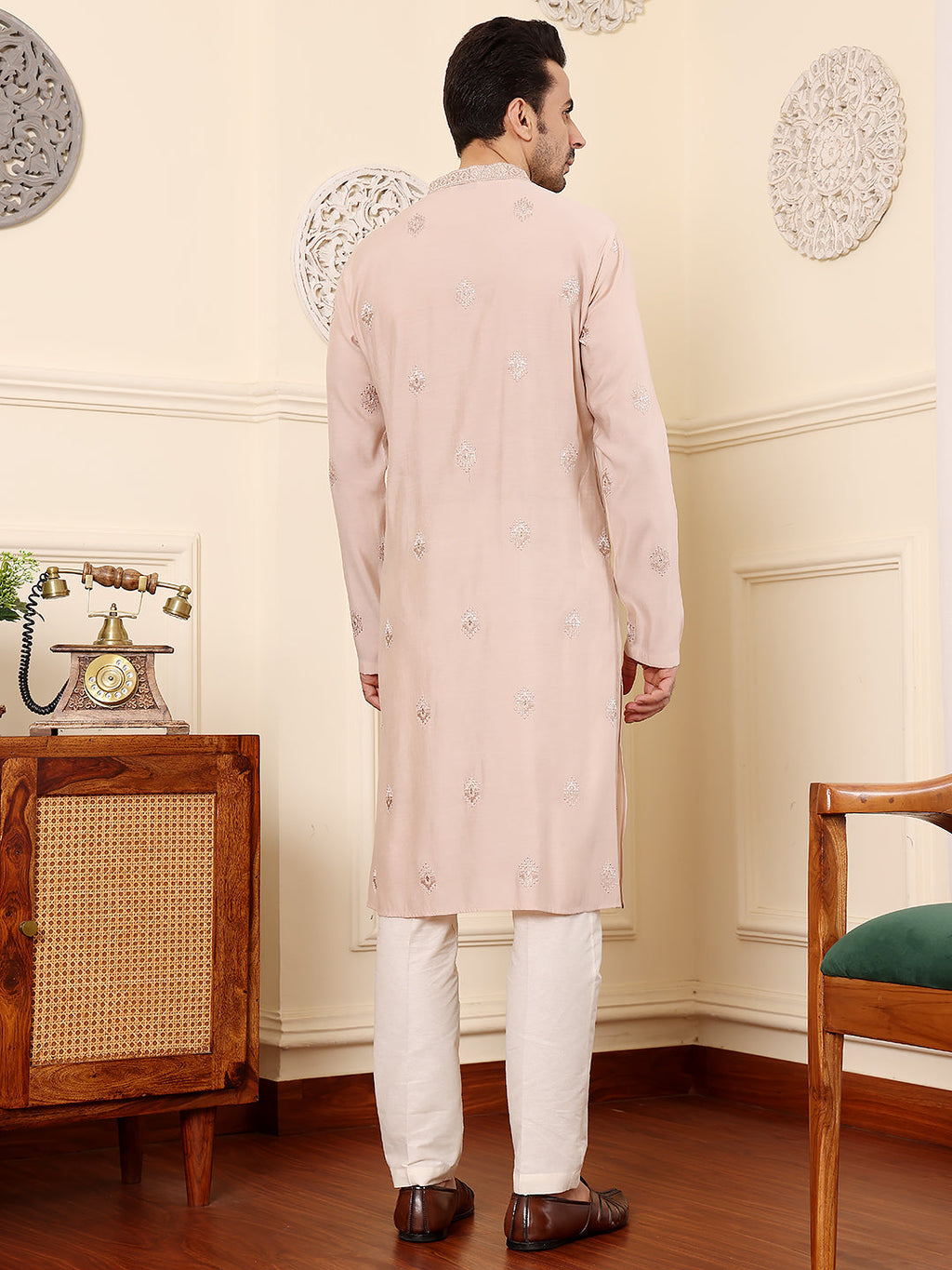 MULTI SHADES Men's Peach Straight Viscose Silk Kurta With Embroidered Neckline And Motifs,Off White Solid Trouser Style Churidar | Grocsy