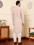 MULTI SHADES Men's Long Sleeve Mandarin Collar Peach Straight Viscose Silk Kurta With Embroidered Neckline And Motifs | Grocsy