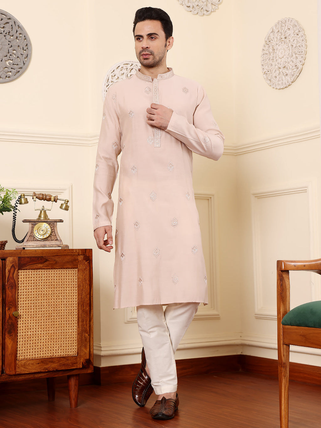 MULTI SHADES Men's Peach Straight Viscose Silk Kurta With Embroidered Neckline And Motifs,Off White Solid Trouser Style Churidar | Grocsy