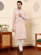 MULTI SHADES Men's Peach Straight Viscose Silk Kurta With Embroidered Neckline And Motifs,Off White Solid Trouser Style Churidar | Grocsy