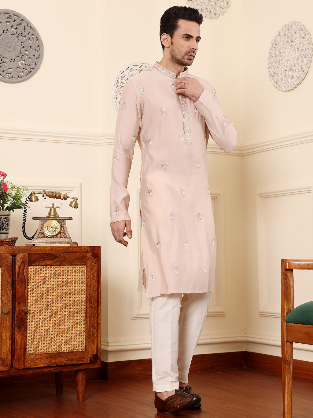 MULTI SHADES Men's Peach Straight Viscose Silk Kurta With Embroidered Neckline And Motifs,Off White Solid Trouser Style Churidar | Grocsy