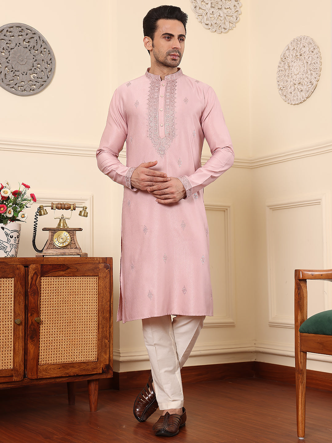 MULTI SHADES Men's Pink Straight Viscose Silk Kurta With Embroidered Neckline And Motifs,Cream Solid Trouser Style Churidar | Grocsy