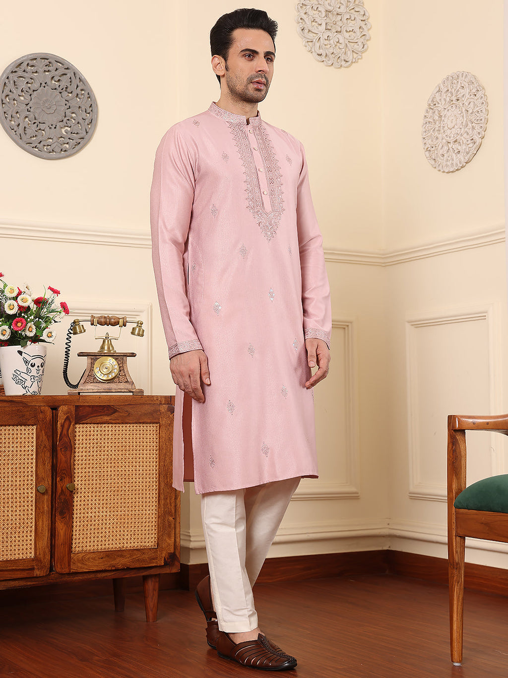 MULTI SHADES Men's Pink Straight Viscose Silk Kurta With Embroidered Neckline And Motifs,Cream Solid Trouser Style Churidar | Grocsy