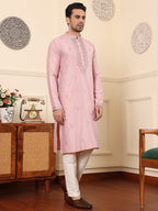 MULTI SHADES Men's Pink Straight Viscose Silk Kurta With Embroidered Neckline And Motifs,Cream Solid Trouser Style Churidar | Grocsy