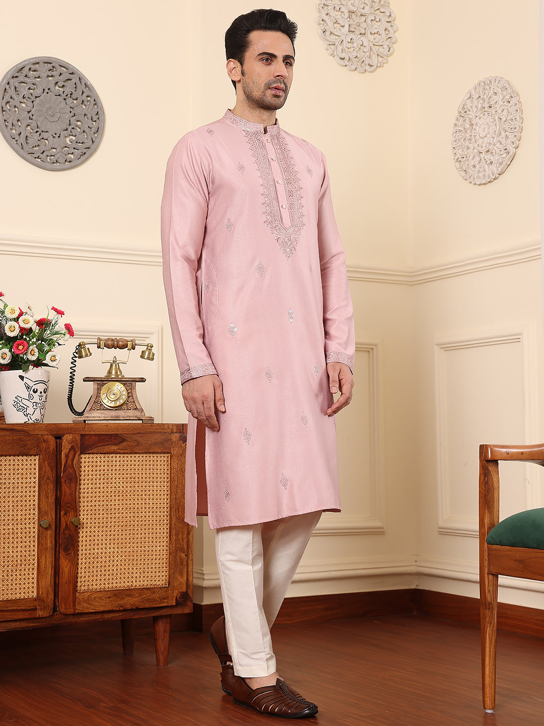 MULTI SHADES Men's Pink Straight Viscose Silk Kurta With Embroidered Neckline And Motifs,Cream Solid Trouser Style Churidar | Grocsy
