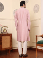 MULTI SHADES Men's Long Sleeve Mandarin Collar Pink Straight Viscose Silk Kurta With Embroidered Neckline And Motifs | Grocsy