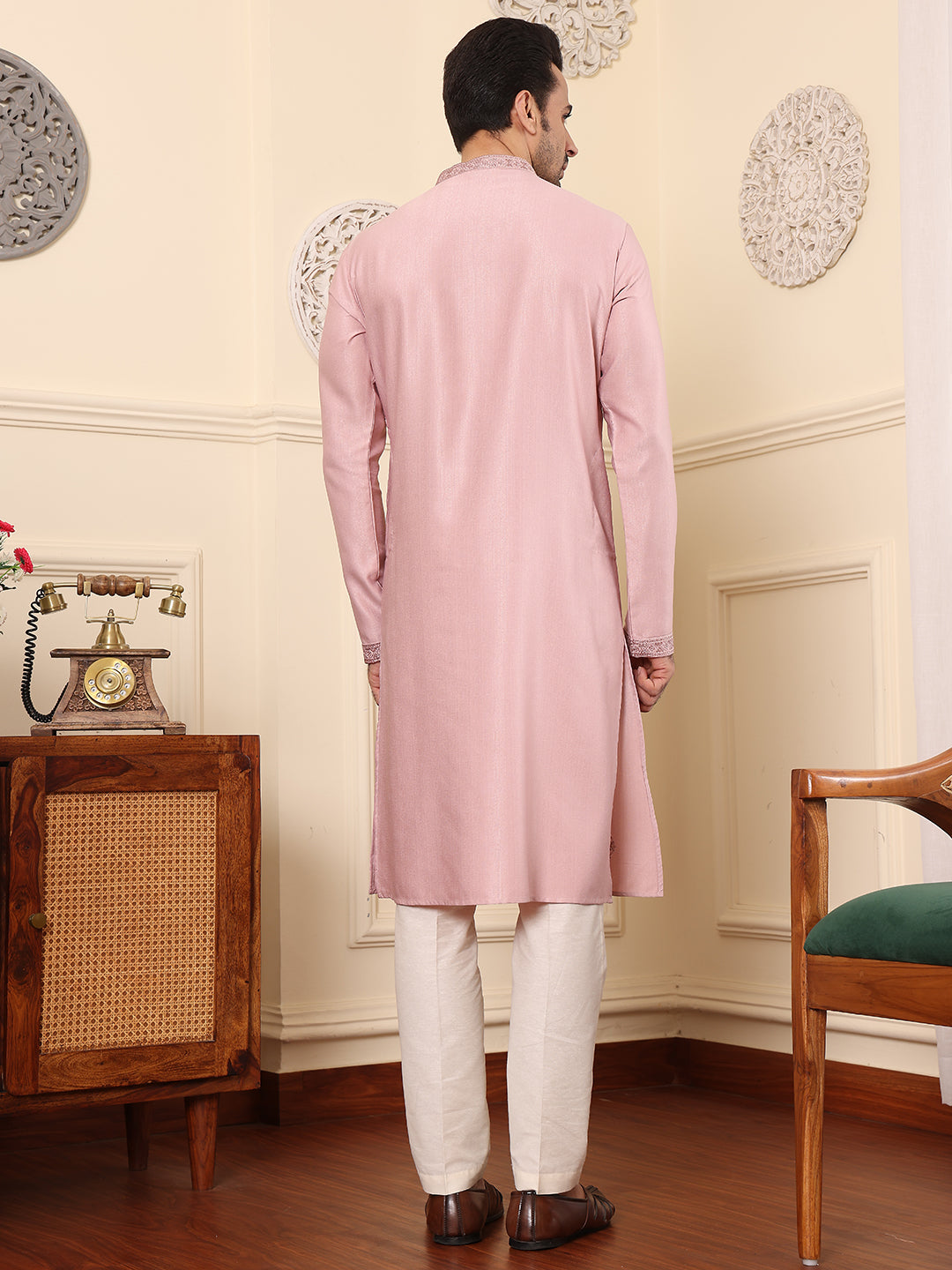 MULTI SHADES Men's Long Sleeve Mandarin Collar Pink Straight Viscose Silk Kurta With Embroidered Neckline And Motifs | Grocsy