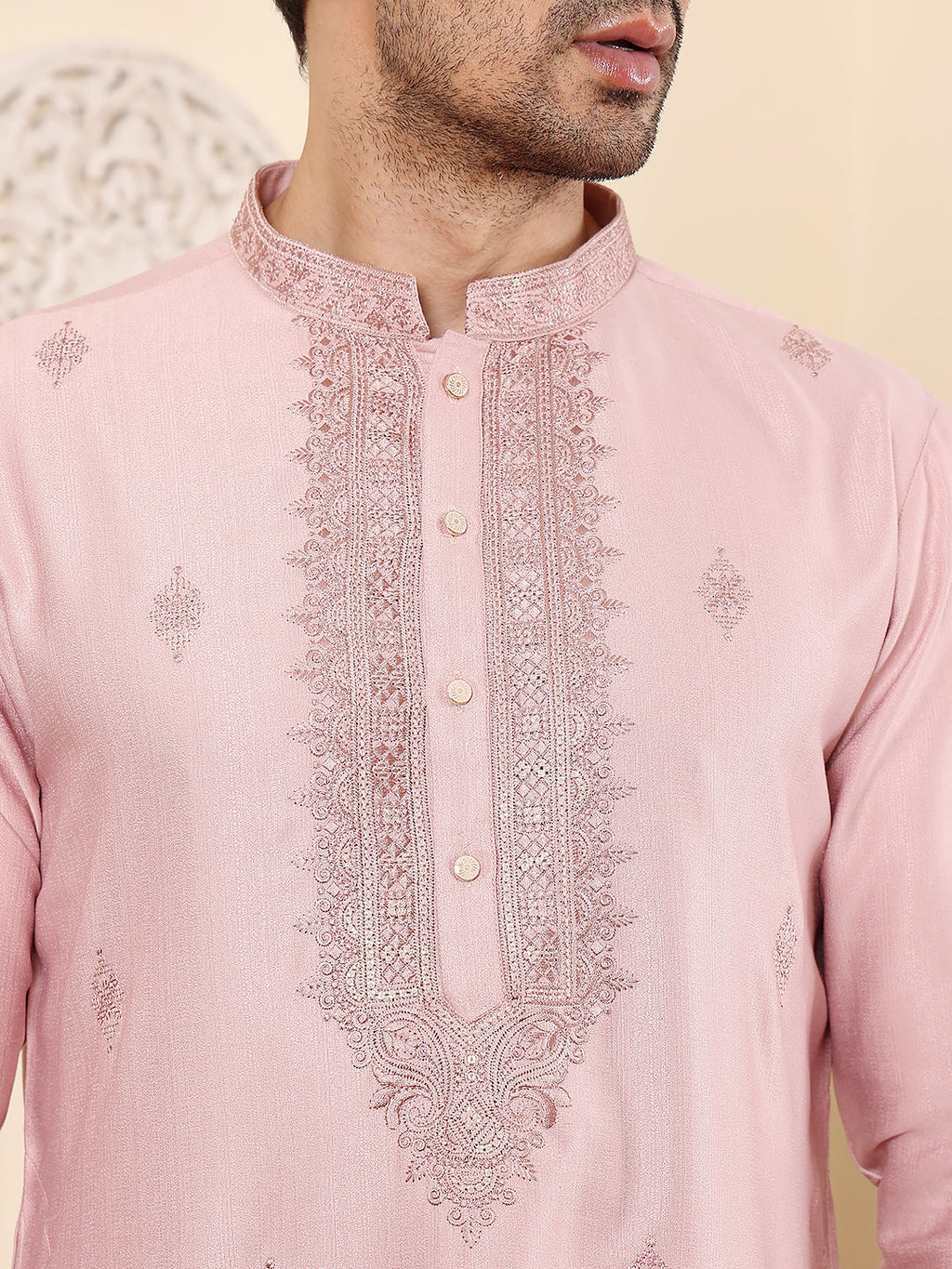 MULTI SHADES Men's Pink Straight Viscose Silk Kurta With Embroidered Neckline And Motifs,Cream Solid Trouser Style Churidar | Grocsy