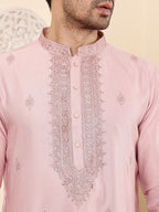MULTI SHADES Men's Pink Straight Viscose Silk Kurta With Embroidered Neckline And Motifs,Cream Solid Trouser Style Churidar | Grocsy