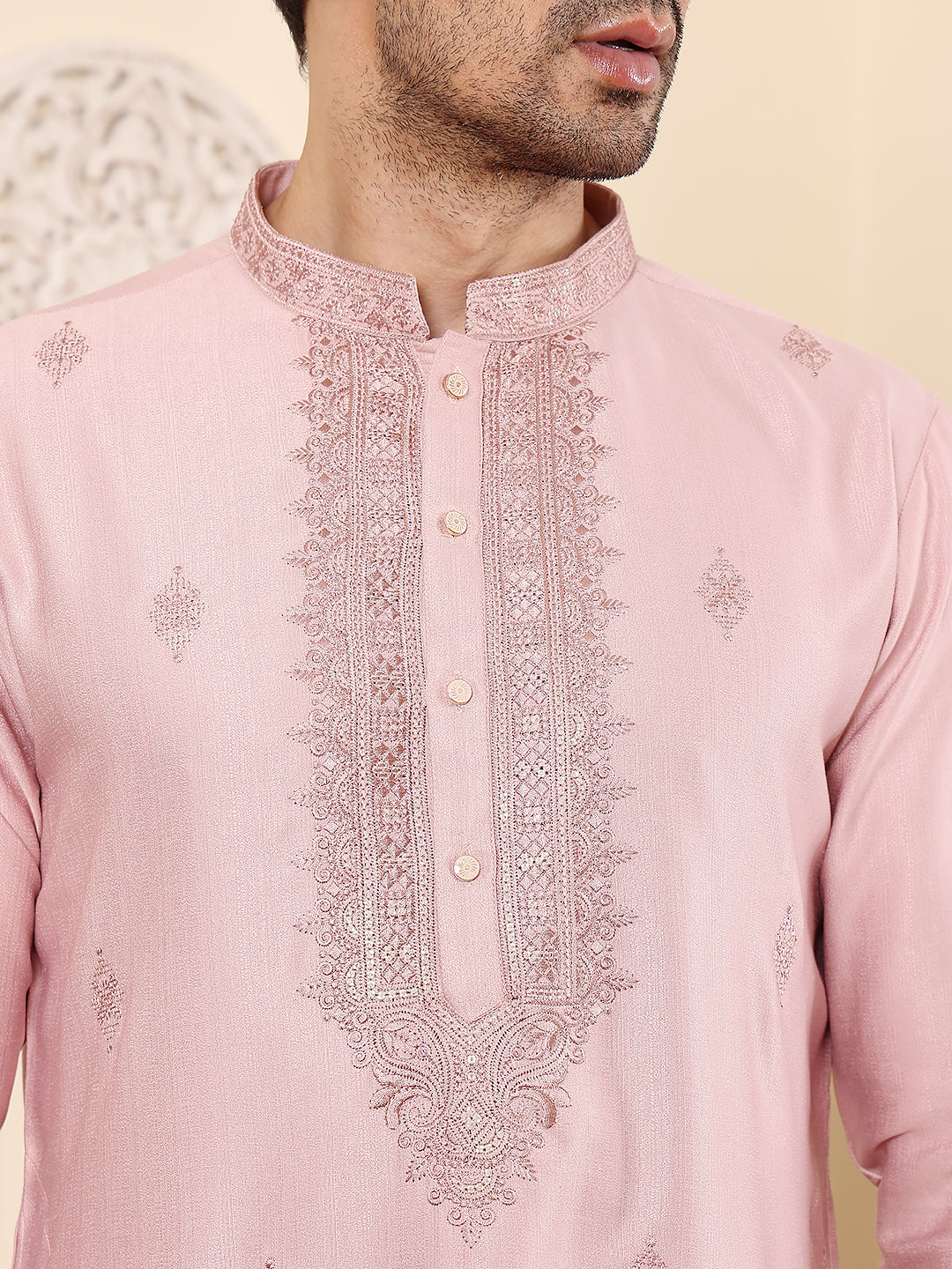 MULTI SHADES Men's Pink Straight Viscose Silk Kurta With Embroidered Neckline And Motifs,Cream Solid Trouser Style Churidar | Grocsy