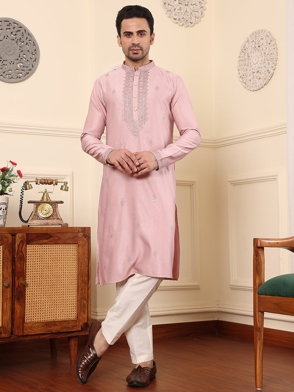 MULTI SHADES Men's Long Sleeve Mandarin Collar Pink Straight Viscose Silk Kurta With Embroidered Neckline And Motifs | Grocsy