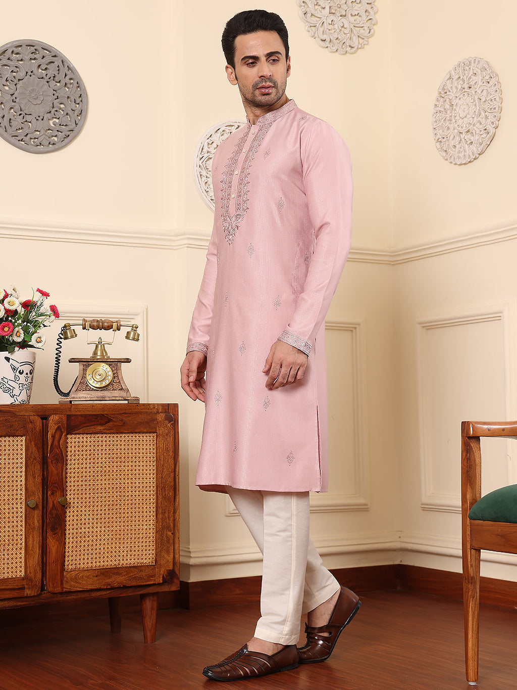 MULTI SHADES Men's Pink Straight Viscose Silk Kurta With Embroidered Neckline And Motifs,Cream Solid Trouser Style Churidar | Grocsy