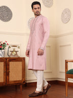 MULTI SHADES Men's Pink Straight Viscose Silk Kurta With Embroidered Neckline And Motifs,Cream Solid Trouser Style Churidar | Grocsy
