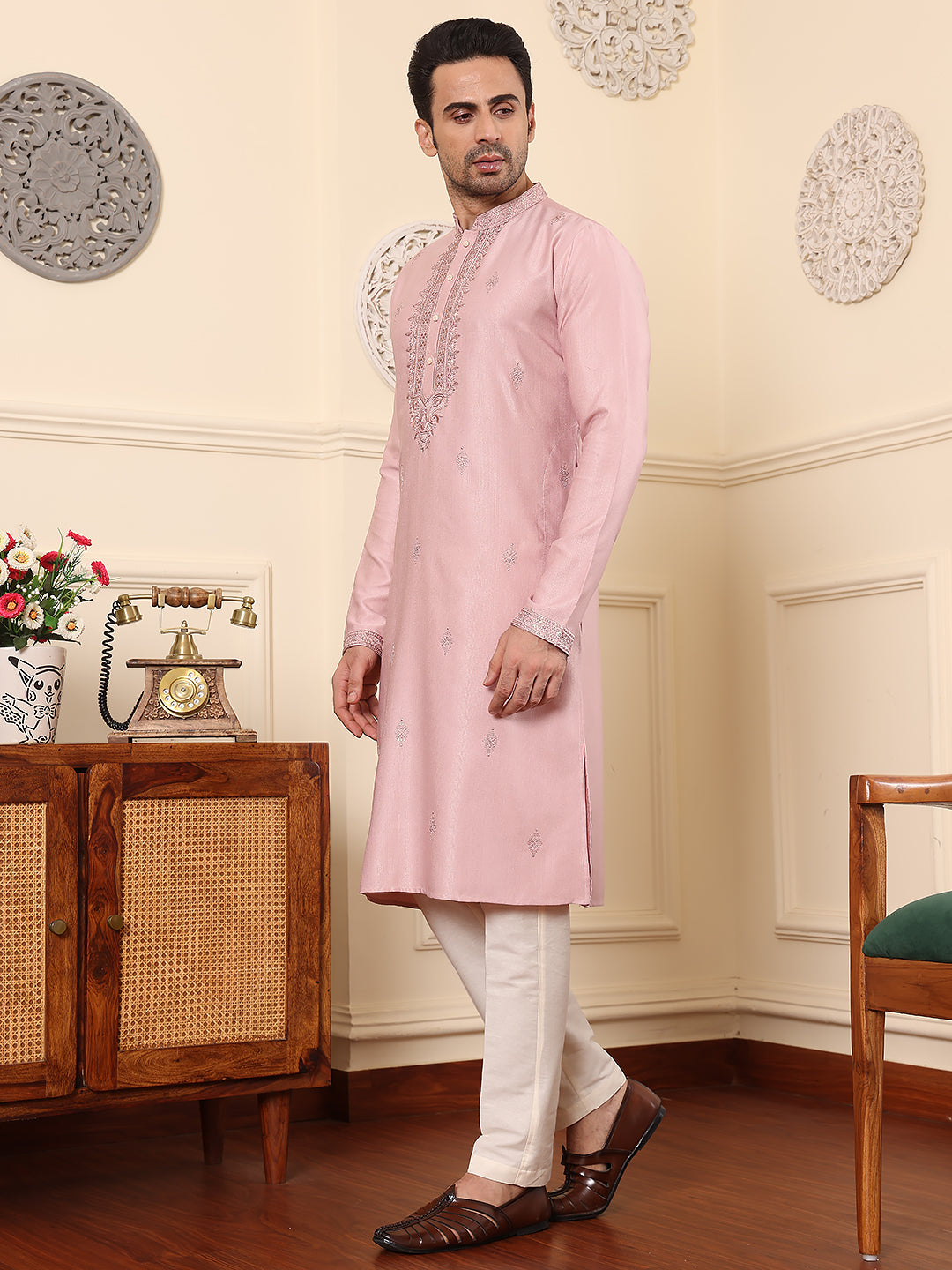 MULTI SHADES Men's Pink Straight Viscose Silk Kurta With Embroidered Neckline And Motifs,Cream Solid Trouser Style Churidar | Grocsy