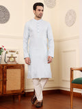 MULTI SHADES Men's Light Blue Rayon Silk Straight Viscose Silk Kurta With Textured Effect,Cream Solid Trouser Style Churidar | Grocsy