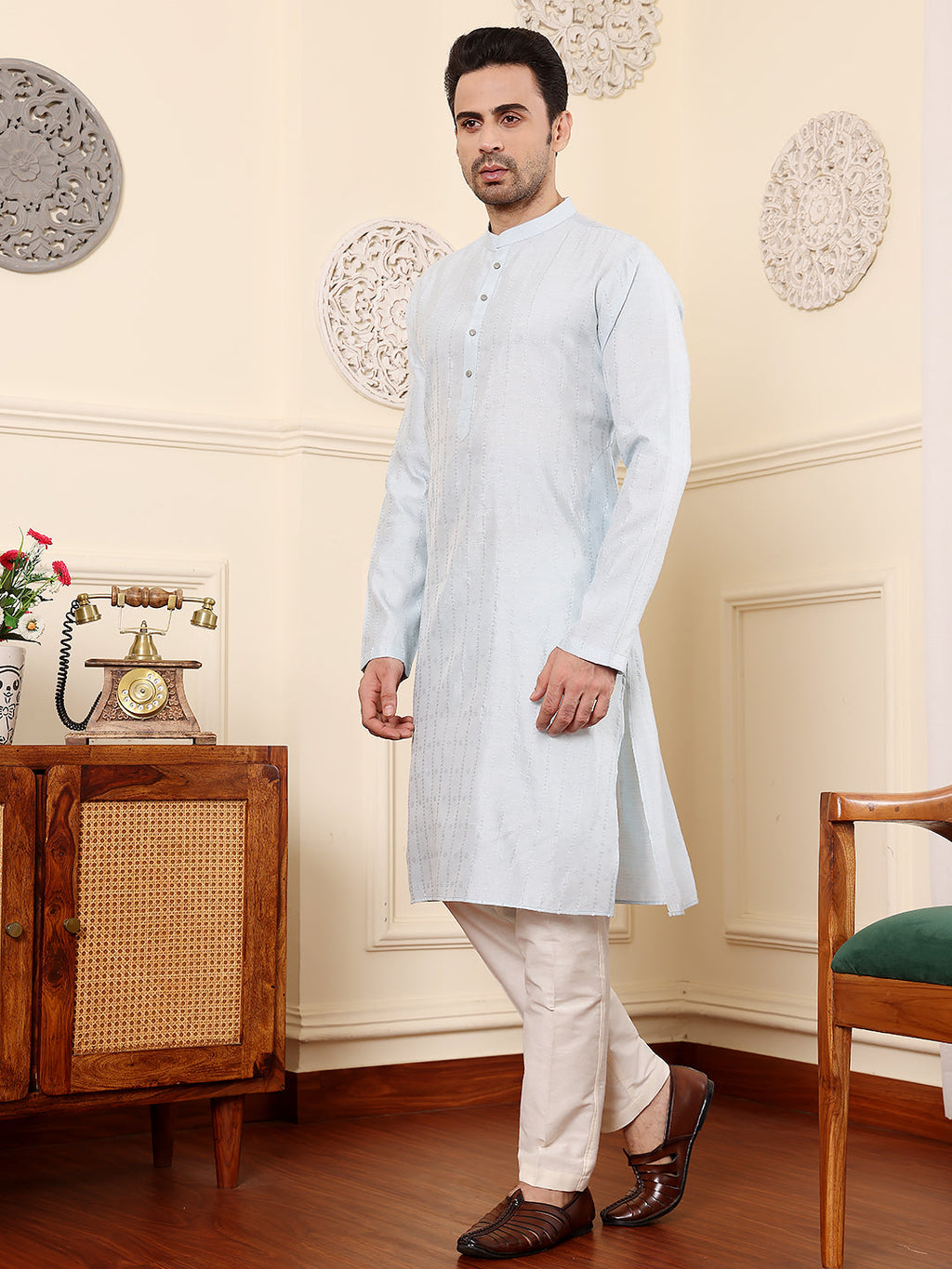 MULTI SHADES Men's Light Blue Rayon Silk Straight Viscose Silk Kurta With Textured Effect,Cream Solid Trouser Style Churidar | Grocsy
