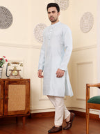 MULTI SHADES Men's Light Blue Rayon Silk Straight Viscose Silk Kurta With Textured Effect,Cream Solid Trouser Style Churidar | Grocsy