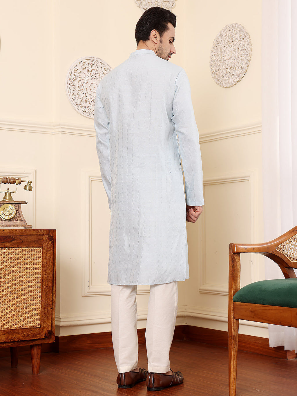 MULTI SHADES Men's Light Blue Rayon Silk Straight Viscose Silk Kurta With Textured Effect,Cream Solid Trouser Style Churidar | Grocsy