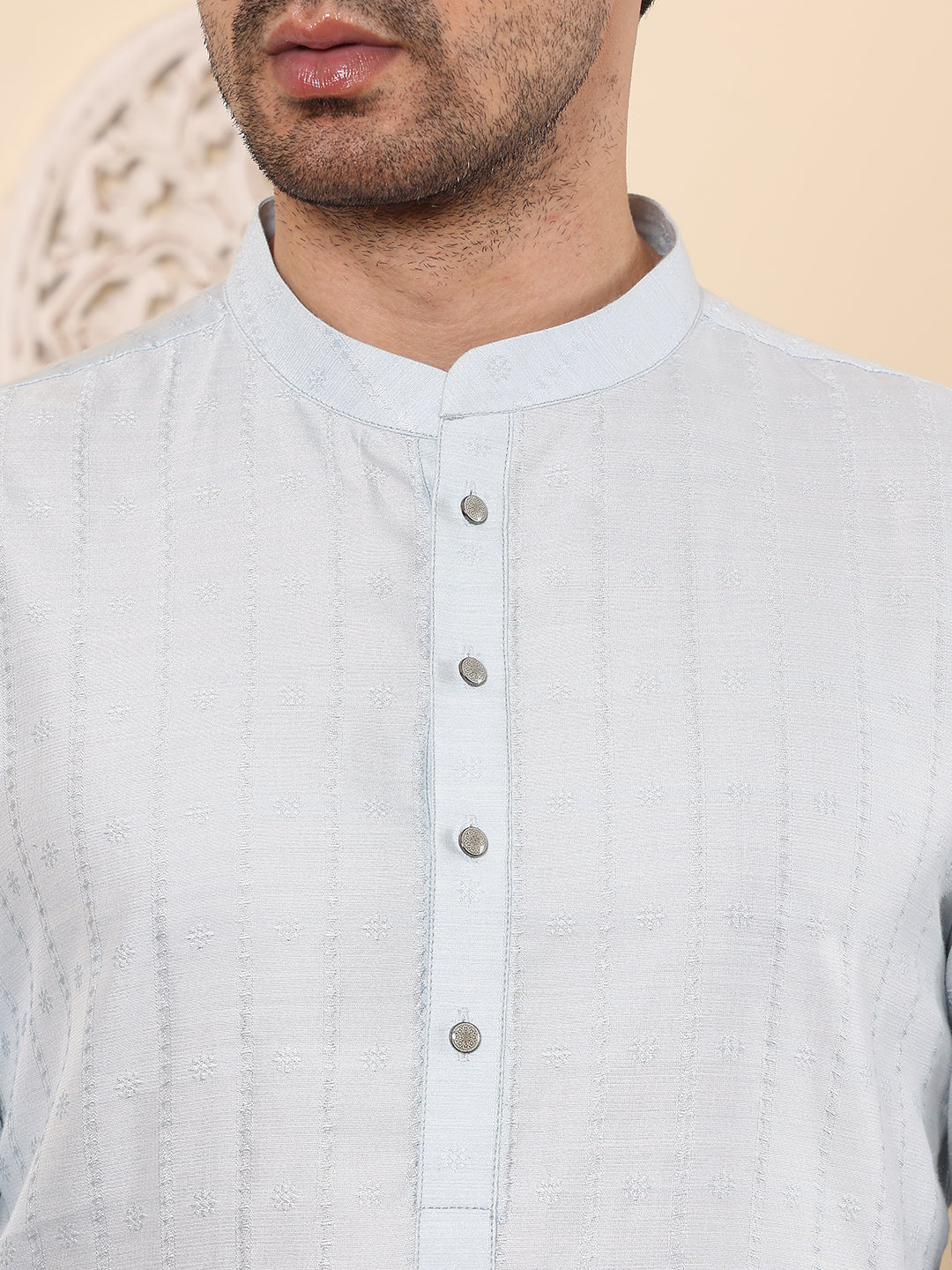 MULTI SHADES Men's Light Blue Rayon Silk Straight Viscose Silk Kurta With Textured Effect,Cream Solid Trouser Style Churidar | Grocsy
