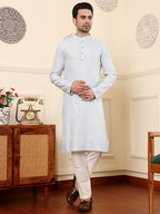 MULTI SHADES Men's Light Blue Rayon Silk Straight Viscose Silk Kurta With Textured Effect,Cream Solid Trouser Style Churidar | Grocsy