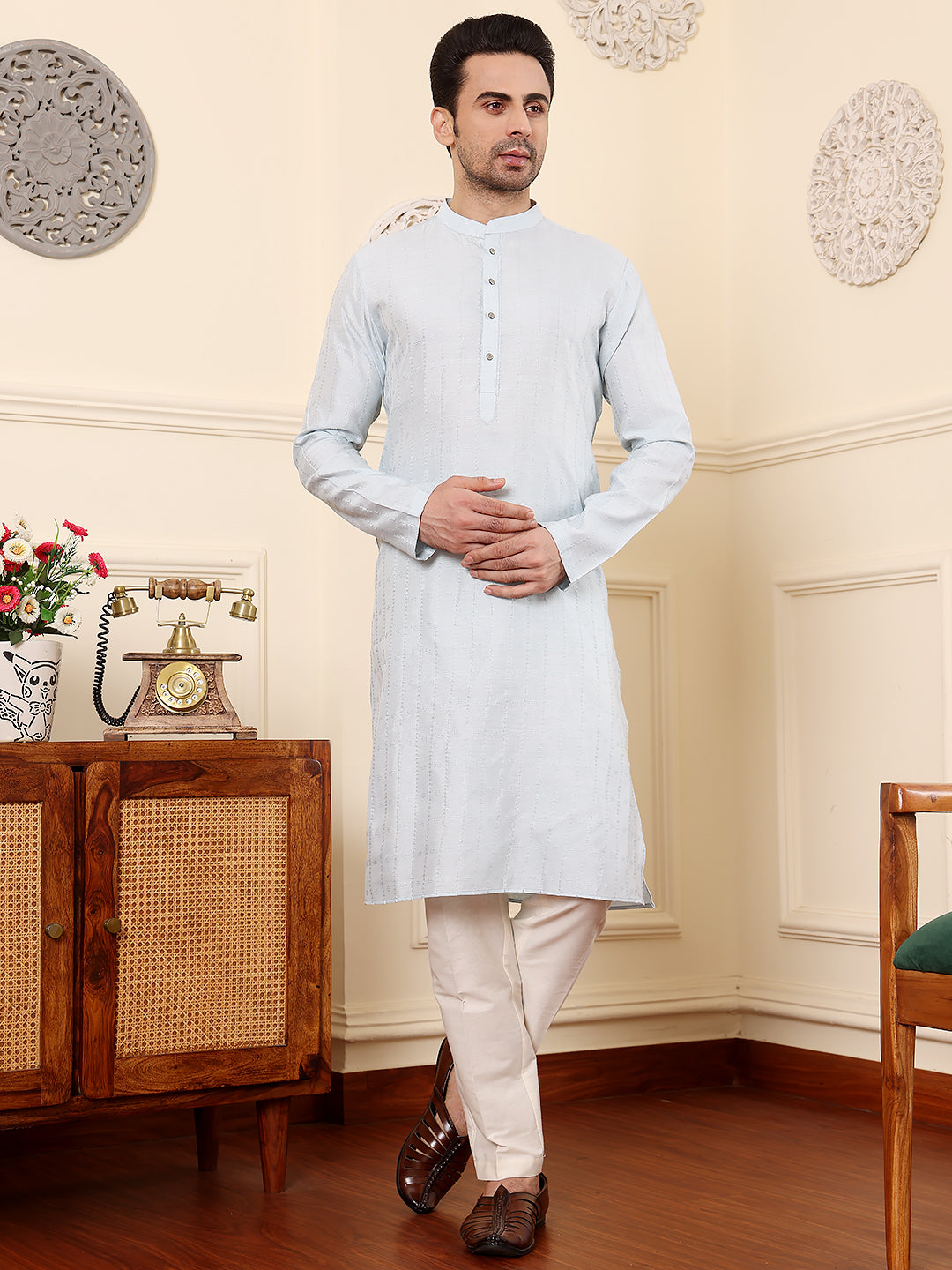 MULTI SHADES Men's Light Blue Rayon Silk Straight Viscose Silk Kurta With Textured Effect,Cream Solid Trouser Style Churidar | Grocsy