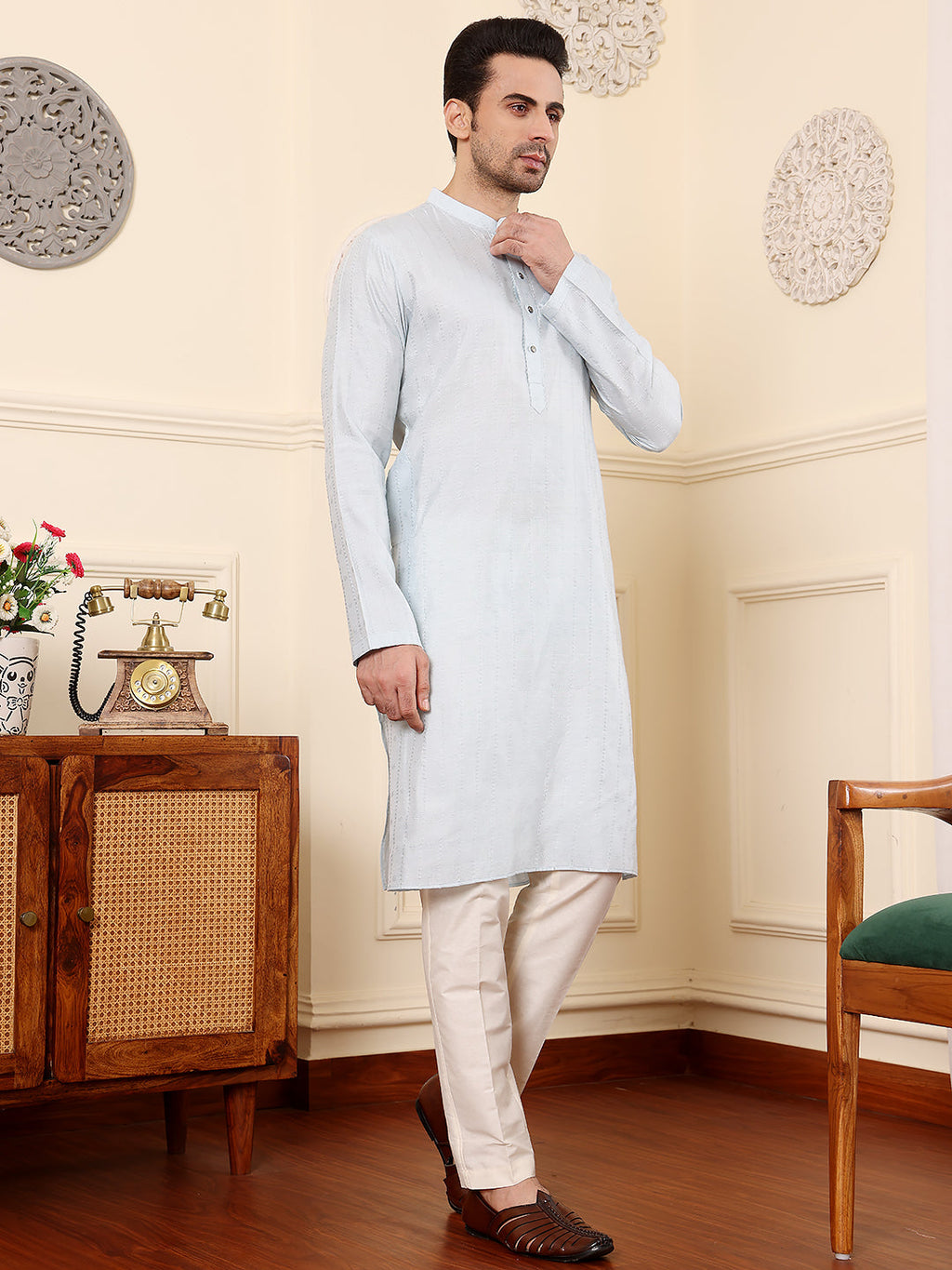 MULTI SHADES Men's Light Blue Rayon Silk Straight Viscose Silk Kurta With Textured Effect,Cream Solid Trouser Style Churidar | Grocsy