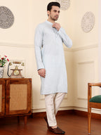 MULTI SHADES Men's Light Blue Rayon Silk Straight Viscose Silk Kurta With Textured Effect,Cream Solid Trouser Style Churidar | Grocsy