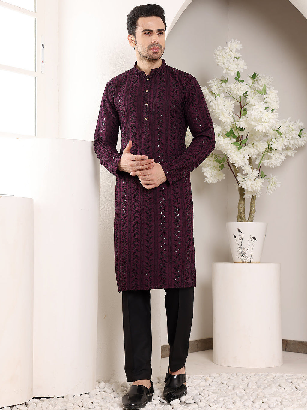 MULTI SHADES Men's Purple Straight Viscose Silk Kurta With Embroidered Neckline And Motifs,Black Solid Trouser Style Churidar | Grocsy
