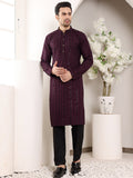 MULTI SHADES Men's Purple Straight Viscose Silk Kurta With Embroidered Neckline And Motifs,Black Solid Trouser Style Churidar | Grocsy