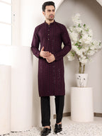 MULTI SHADES Men's Purple Straight Viscose Silk Kurta With Embroidered Neckline And Motifs,Black Solid Trouser Style Churidar | Grocsy