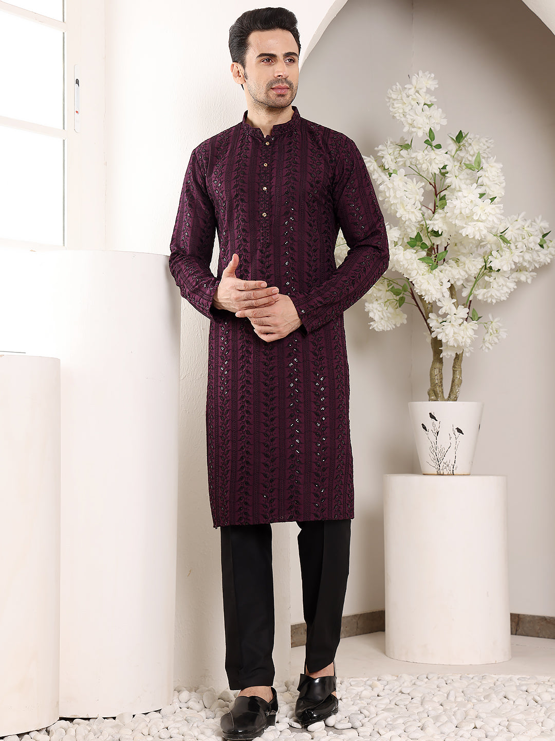 MULTI SHADES Men's Long Sleeve Mandarin Collar Purple Straight Viscose Silk Kurta With Embroidered Neckline And Motifs | Grocsy