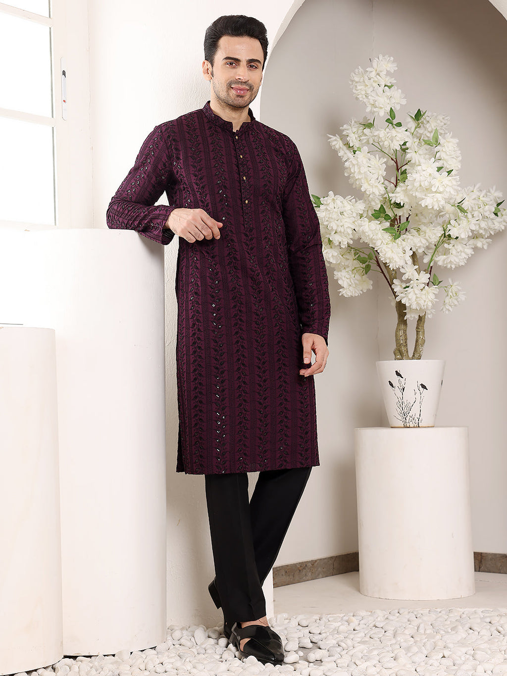 MULTI SHADES Men's Purple Straight Viscose Silk Kurta With Embroidered Neckline And Motifs,Black Solid Trouser Style Churidar | Grocsy