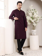 MULTI SHADES Men's Purple Straight Viscose Silk Kurta With Embroidered Neckline And Motifs,Black Solid Trouser Style Churidar | Grocsy