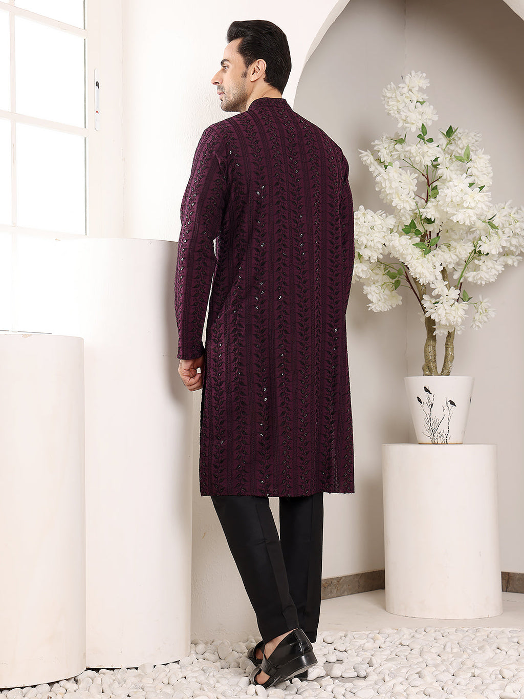 MULTI SHADES Men's Purple Straight Viscose Silk Kurta With Embroidered Neckline And Motifs,Black Solid Trouser Style Churidar | Grocsy