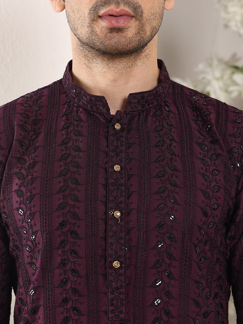MULTI SHADES Men's Purple Straight Viscose Silk Kurta With Embroidered Neckline And Motifs,Black Solid Trouser Style Churidar | Grocsy