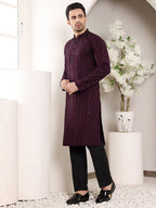 MULTI SHADES Men's Purple Straight Viscose Silk Kurta With Embroidered Neckline And Motifs,Black Solid Trouser Style Churidar | Grocsy