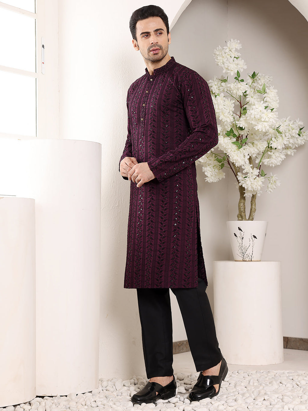 MULTI SHADES Men's Long Sleeve Mandarin Collar Purple Straight Viscose Silk Kurta With Embroidered Neckline And Motifs | Grocsy