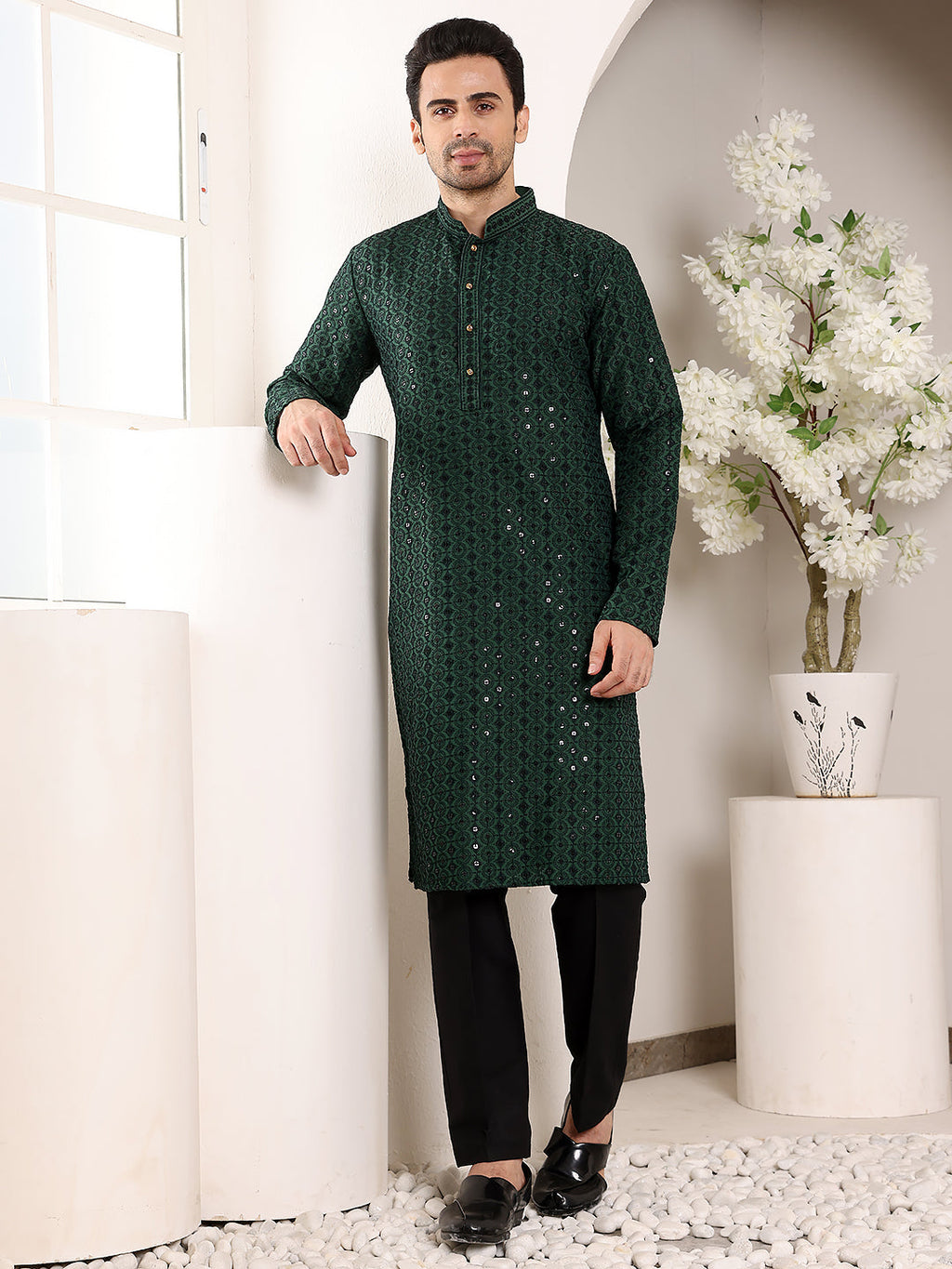 MULTI SHADES Men's Long Sleeve Mandarin Collar Dark Green Straight Viscose Silk Kurta With Embroidered Neckline And Motifs | Grocsy