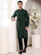 MULTI SHADES Men's Long Sleeve Mandarin Collar Dark Green Straight Viscose Silk Kurta With Embroidered Neckline And Motifs | Grocsy