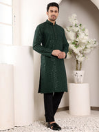 MULTI SHADES Men's Dark Green Straight Viscose Silk Kurta With Embroidered Neckline And Motifs,Black Solid Trouser Style Churidar | Grocsy