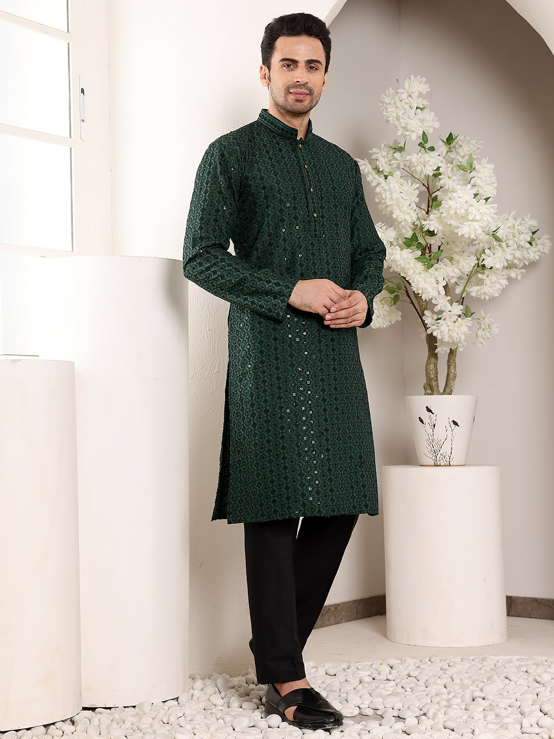 MULTI SHADES Men's Dark Green Straight Viscose Silk Kurta With Embroidered Neckline And Motifs,Black Solid Trouser Style Churidar | Grocsy