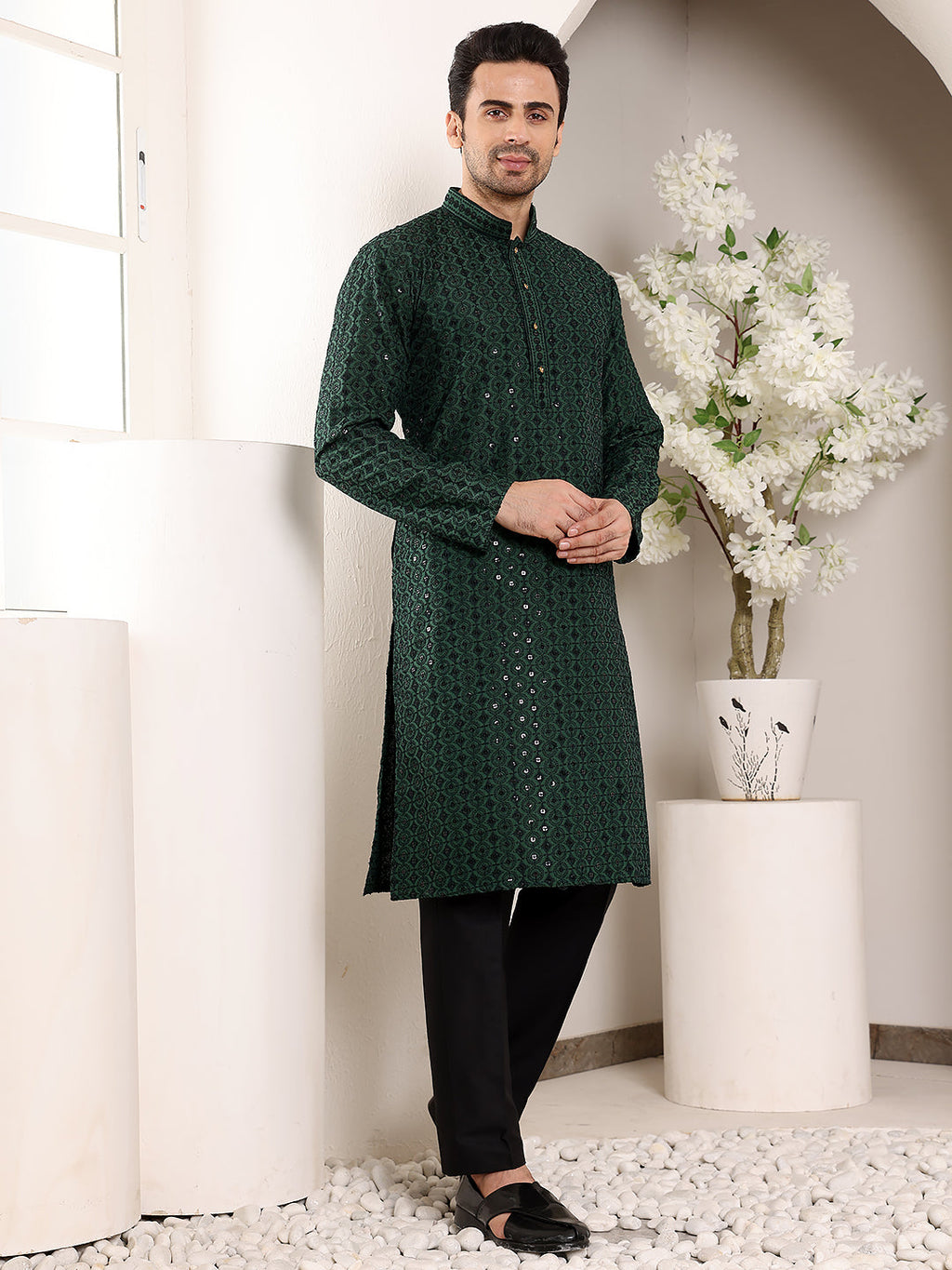 MULTI SHADES Men's Long Sleeve Mandarin Collar Dark Green Straight Viscose Silk Kurta With Embroidered Neckline And Motifs | Grocsy