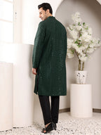 MULTI SHADES Men's Dark Green Straight Viscose Silk Kurta With Embroidered Neckline And Motifs,Black Solid Trouser Style Churidar | Grocsy