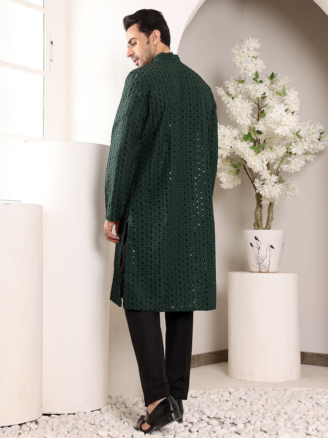 MULTI SHADES Men's Dark Green Straight Viscose Silk Kurta With Embroidered Neckline And Motifs,Black Solid Trouser Style Churidar | Grocsy