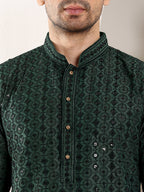 MULTI SHADES Men's Long Sleeve Mandarin Collar Dark Green Straight Viscose Silk Kurta With Embroidered Neckline And Motifs | Grocsy