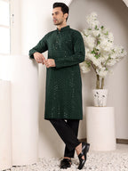 MULTI SHADES Men's Dark Green Straight Viscose Silk Kurta With Embroidered Neckline And Motifs,Black Solid Trouser Style Churidar | Grocsy